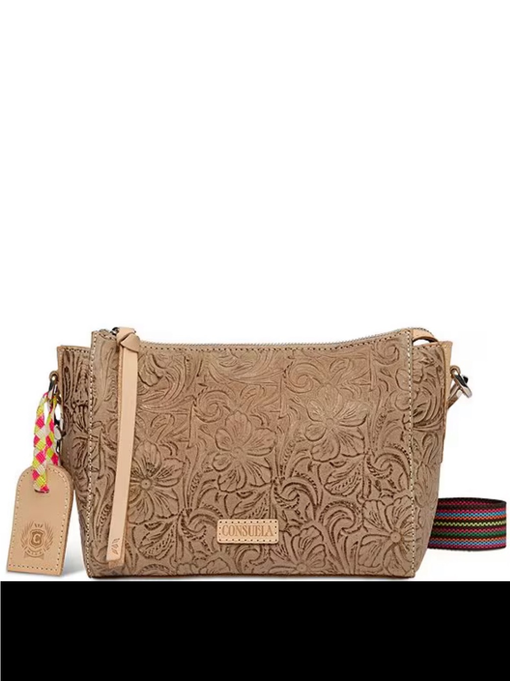 Consuela Tan Floral Tooled Leather City Bag Crossbody with Colorful Strap